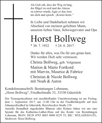 Traueranzeige von Horst Bollweg von Neue Westfälische