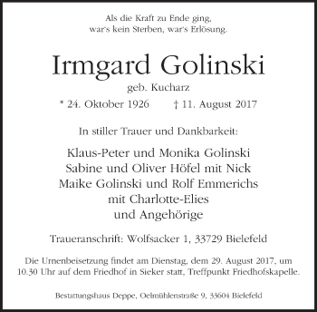 Traueranzeige von Irmgard Golinski von Neue Westfälische