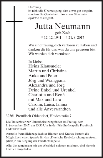 Traueranzeige von Jutta Neumann von Neue Westfälische
