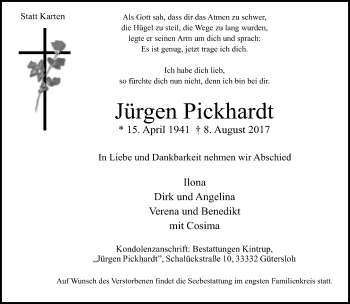 Traueranzeige von Jürgen Pickhardt von Neue Westfälische