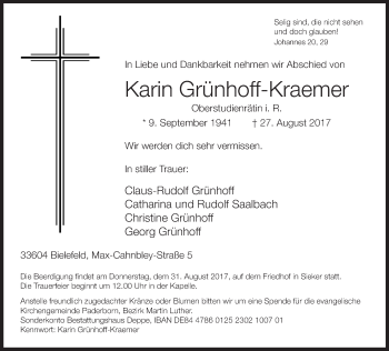 Traueranzeige von Karin Grünhoff-Kraemer von Neue Westfälische