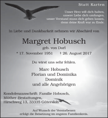 Traueranzeige von Margret Hobusch von Neue Westfälische