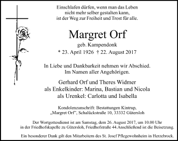 Traueranzeige von Margret Orf von Neue Westfälische