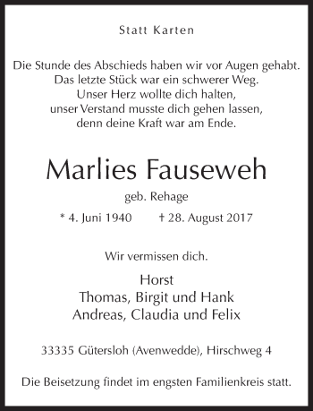 Traueranzeige von Marlies Fauseweh von Neue Westfälische