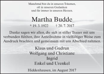 Traueranzeige von Martha Budde von Neue Westfälische