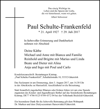 Traueranzeige von Paul Schulte-Frankenfeld