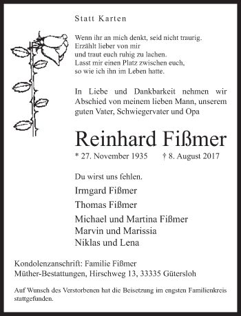 Traueranzeige von Reinhard Fißmer von Neue Westfälische