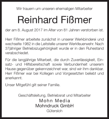 Traueranzeige von Reinhard Fißmer von Neue Westfälische