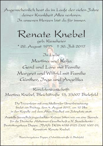 Traueranzeige von Renate Knebel von Neue Westfälische