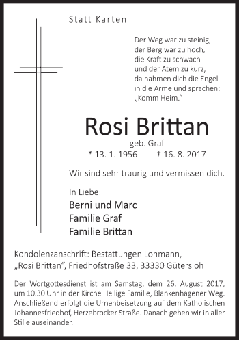 Traueranzeige von Rosi Brittan von Neue Westfälische
