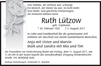 Traueranzeige von Ruth Lützow von Neue Westfälische