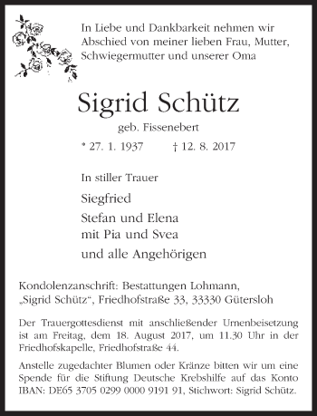 Traueranzeige von Sigrid Schütz von Neue Westfälische