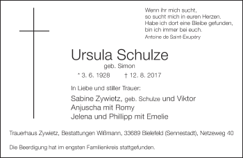 Traueranzeige von Ursula Schulze von Neue Westfälische