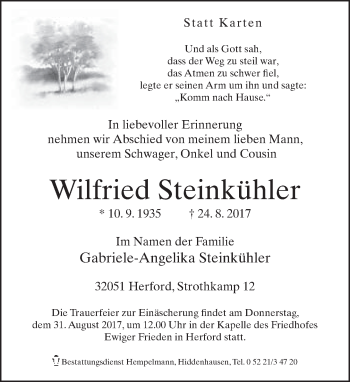 Traueranzeige von Wilfried Steinkühler von Neue Westfälische