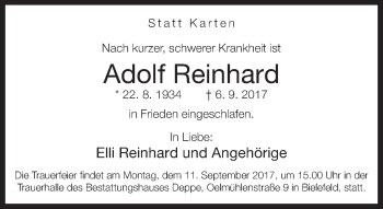 Traueranzeige von Adolf Reinhard von Neue Westfälische