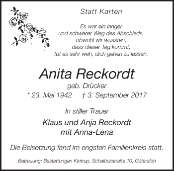 Traueranzeige von Anita Reckordt von Neue Westfälische