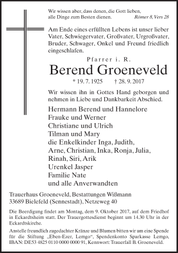 Traueranzeige von Berend Groeneveld von Neue Westfälische