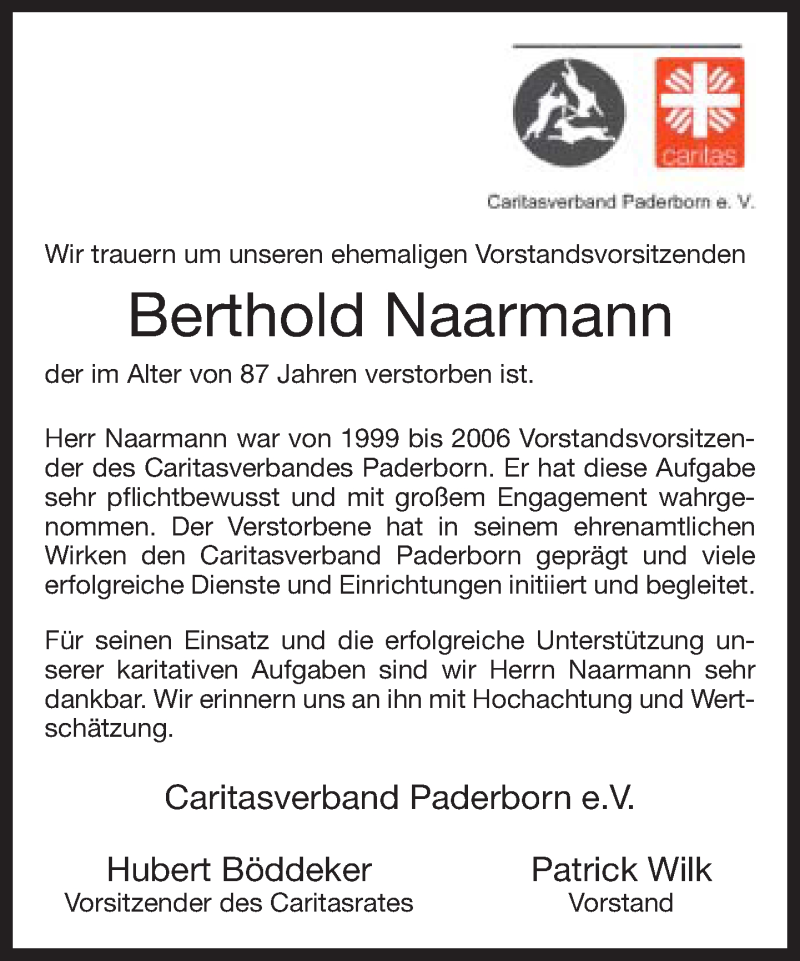  Traueranzeige für Berthold Naarmann vom 16.09.2017 aus Neue Westfälische