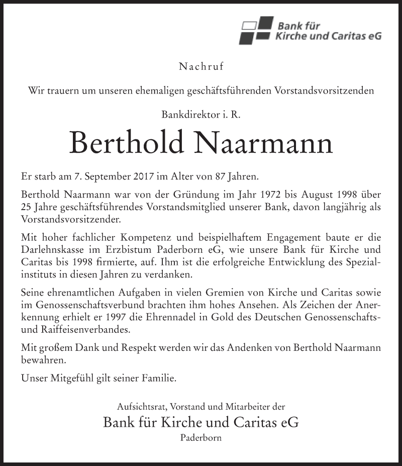  Traueranzeige für Berthold Naarmann vom 16.09.2017 aus Neue Westfälische