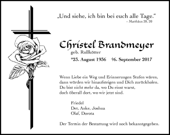 Traueranzeige von Christel Brandmeyer von Neue Westfälische