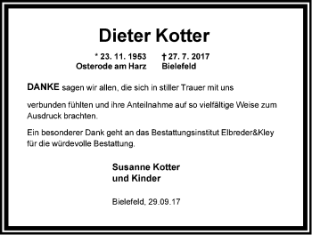 Traueranzeige von Dieter Kotter von Neue Westfälische