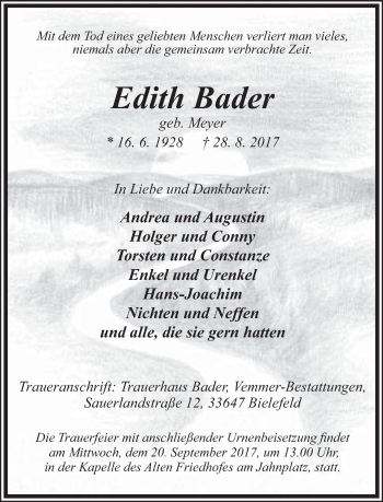 Traueranzeige von Edith Bader von Neue Westfälische