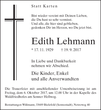 Traueranzeige von Edith Lehmann von Neue Westfälische