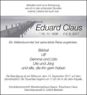 Traueranzeige von Eduard Claus von Neue Westfälische