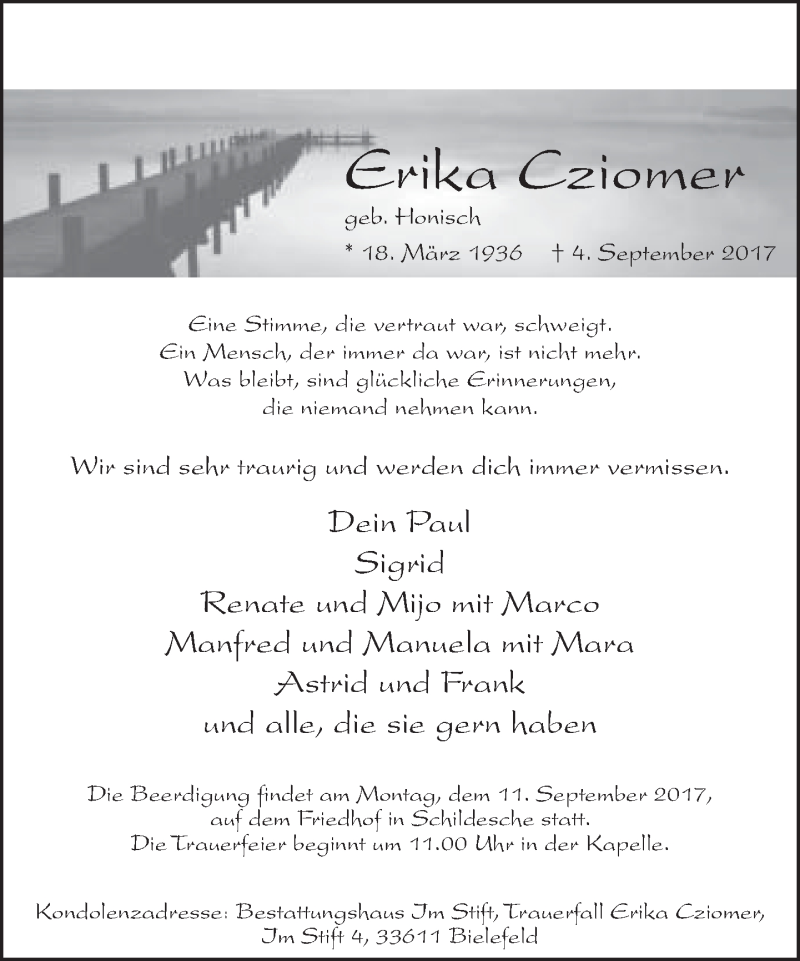  Traueranzeige für Erika Cziomer vom 09.09.2017 aus Neue Westfälische
