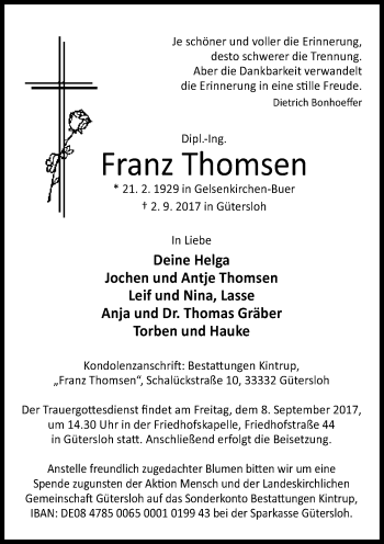 Traueranzeige von Franz Thomsen von Neue Westfälische
