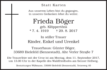 Traueranzeige von Frieda Böger von Neue Westfälische