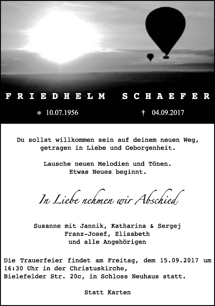 Traueranzeige für Friedhelm Schaefer vom 09.09.2017 aus Neue Westfälische