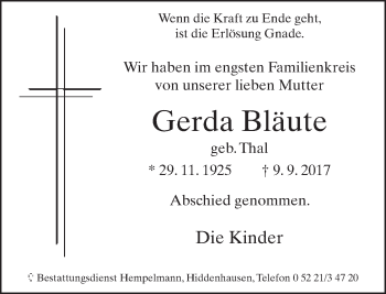 Traueranzeige von Gerda Bläute von Neue Westfälische