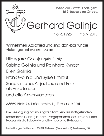 Traueranzeige von Gerhard Golinja von Neue Westfälische