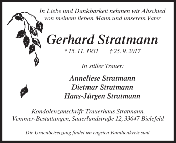 Traueranzeige von Gerhard Stratmann von Neue Westfälische