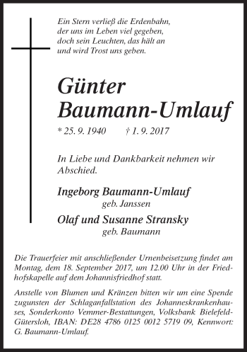 Traueranzeige von Günter Baumann-Umlauf