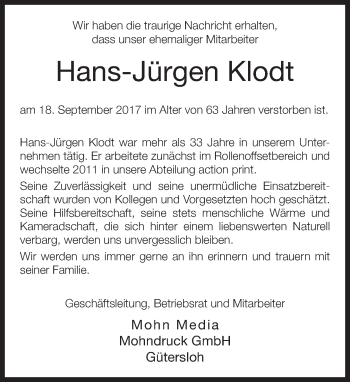 Traueranzeige von Hans-Jürgen Klodt von Neue Westfälische