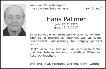 Traueranzeige von Hans Pallmer von Neue Westfälische