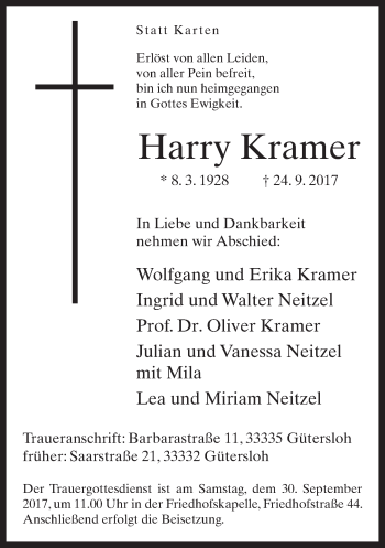 Traueranzeige von Harry Kramer von Neue Westfälische