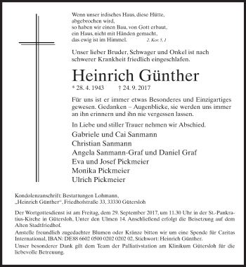 Traueranzeige von Heinrich Günther von Neue Westfälische