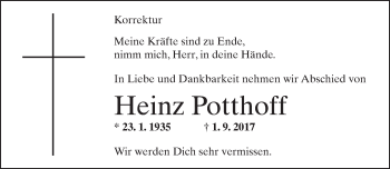 Traueranzeige von Heinz Potthoff von Neue Westfälische