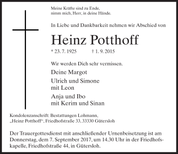 Traueranzeige von Heinz Potthoff