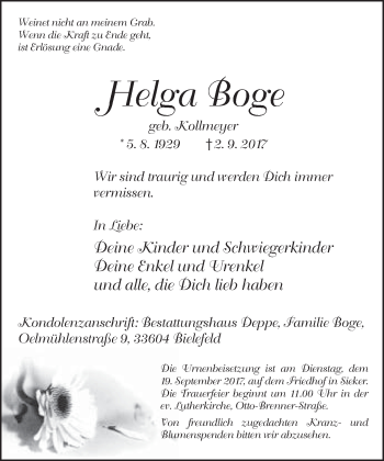 Traueranzeige von Helga Boge von Neue Westfälische