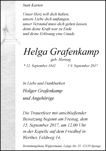 Traueranzeige von Helga Grafenkamp von Neue Westfälische