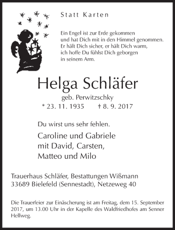 Traueranzeige von Helga Schläfer von Neue Westfälische