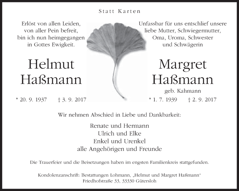  Traueranzeige für Helmut und Margret Haßmann vom 12.09.2017 aus Neue Westfälische
