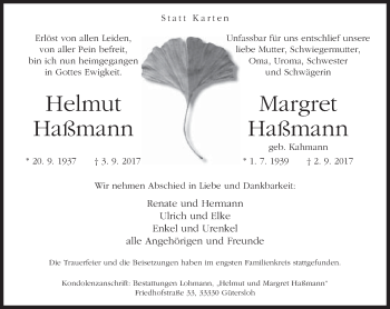 Traueranzeige von Helmut und Margret Haßmann
