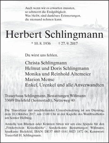 Traueranzeige von Herbert Schlingmann von Neue Westfälische