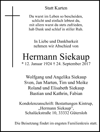 Traueranzeige von Hermann Siekaup