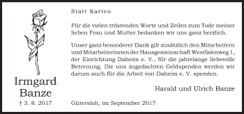 Traueranzeige von Irmgard Banze von Neue Westfälische
